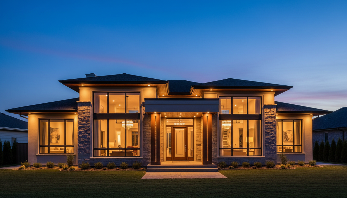 Modern well-lit home exterior showcasing electrical lighting